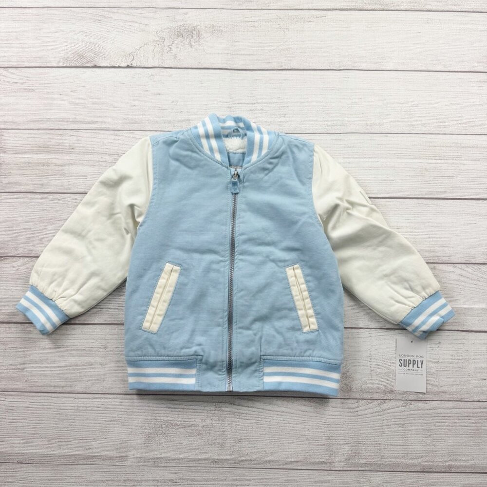 London Fog Toddler Varsity Jacket Blue White Sherpa Lined Bomber Zip Up 4T
